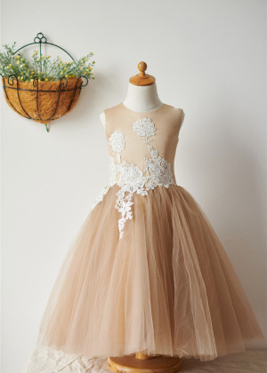Ivory Lace Champagne Tulle Knee Length Flower Girl Dress